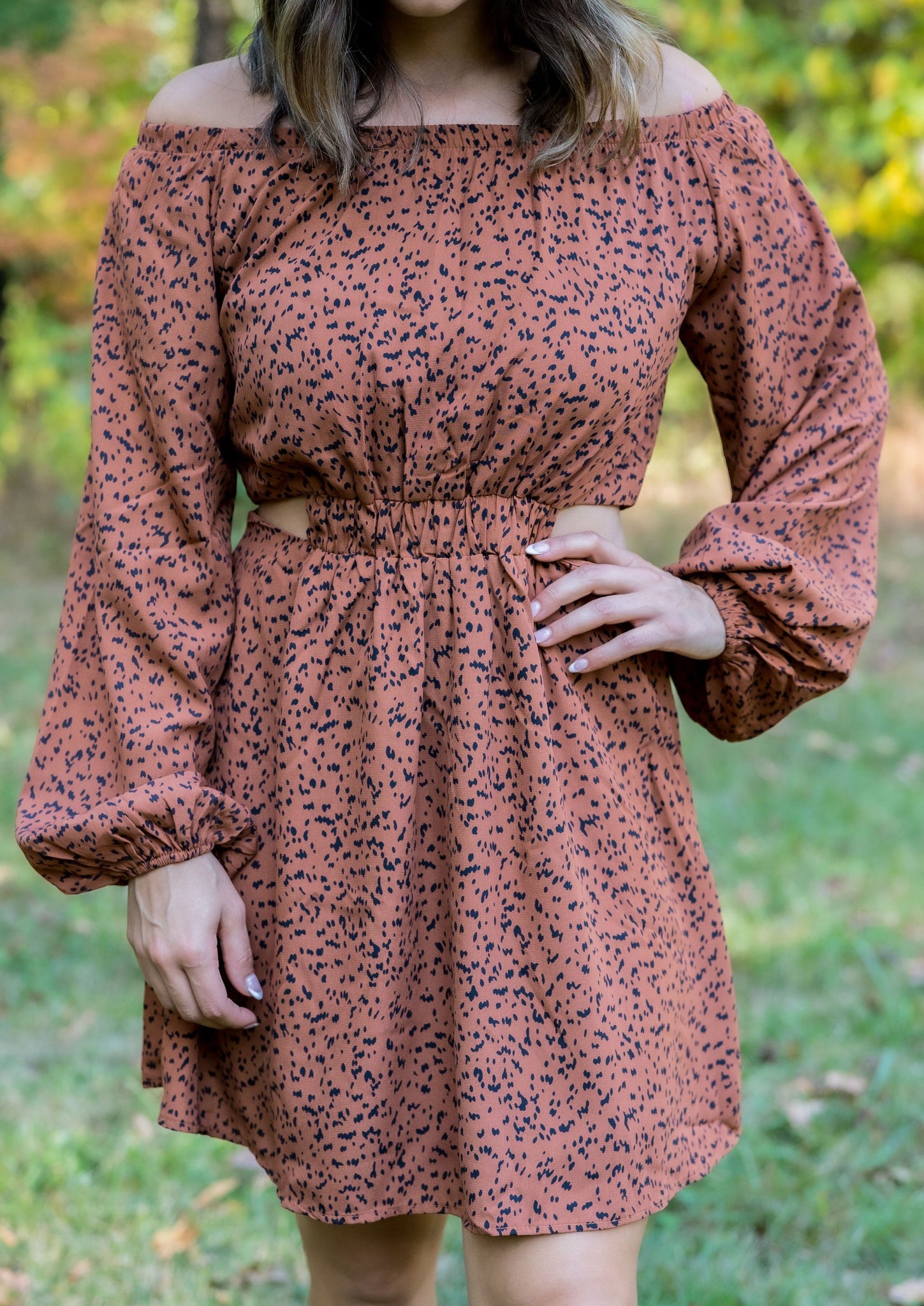 Rust Long Sleeve Waist Cutout Dress